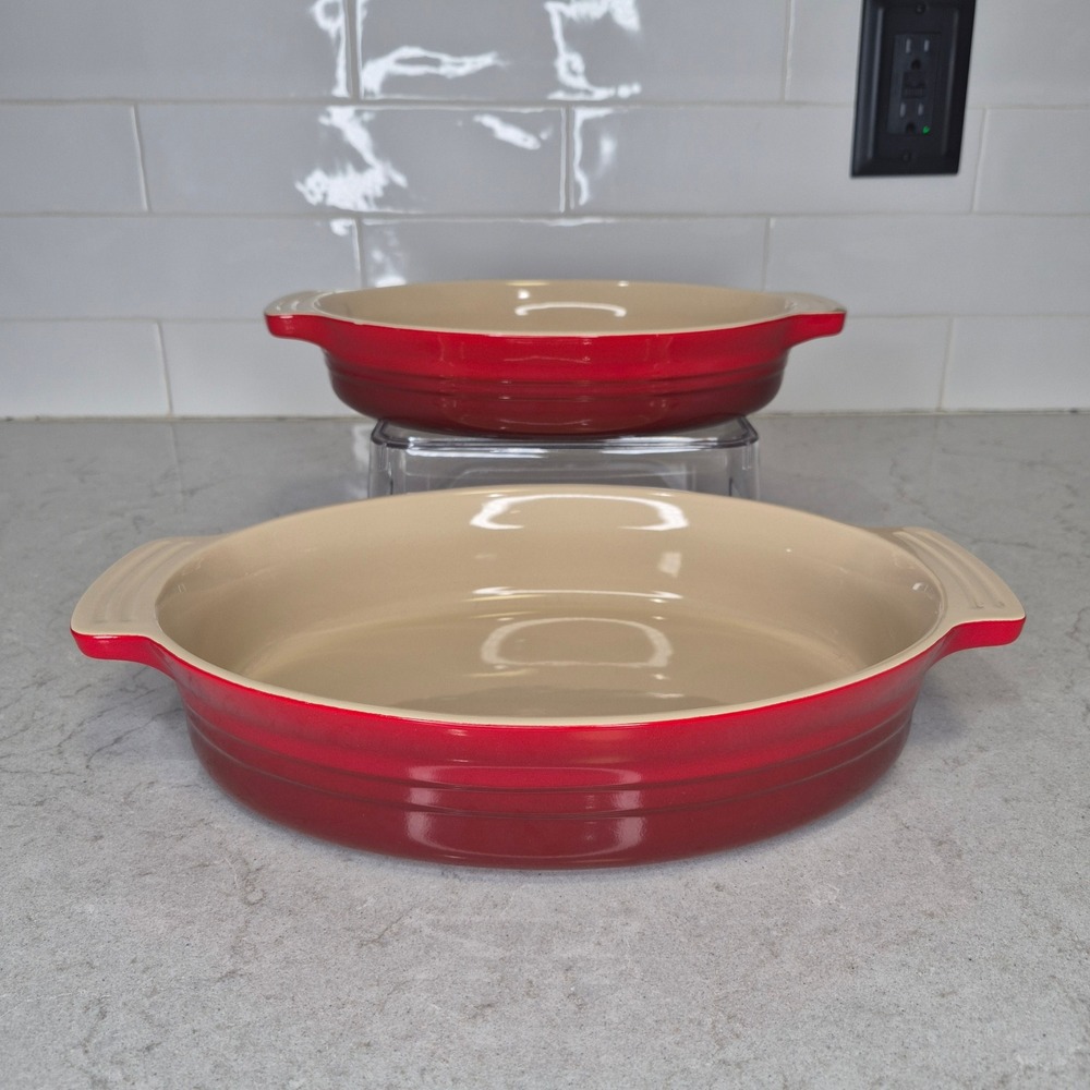 Le Creuset Cerise Red Oval Baking Dish Set 2 Pc Stoneware 06.27 06.21